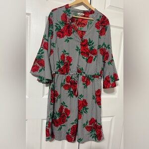 Hint of Blush Dress Black Red Floral Stripe 3/4 Sleeves Elastic Waist Size 2X